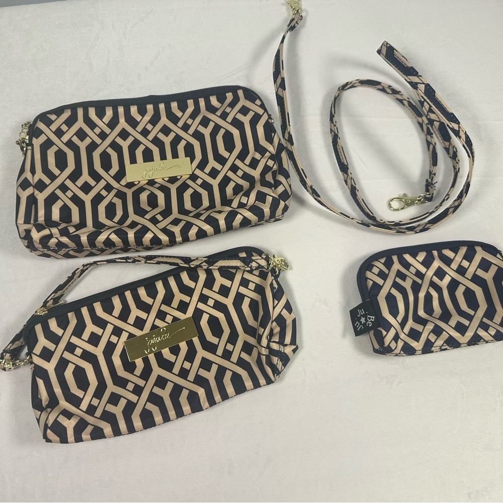 Ju-Ju-Be Navy  and Tan Geometric Cosmetic Bag Trio